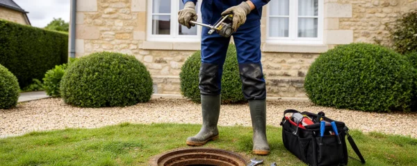 Technicien en tenue de travail inspectant un regard de canalisation ouvert dans un jardin résidentiel