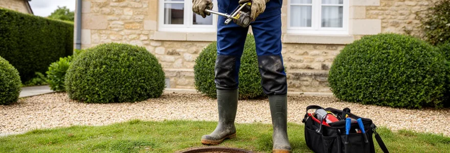 Technicien en tenue de travail inspectant un regard de canalisation ouvert dans un jardin résidentiel