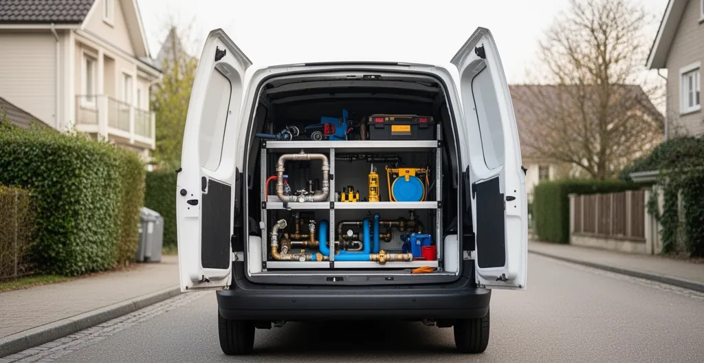 Camionnette utilitaire blanche avec portes arrière ouvertes montrant équipement de plomberie rangé